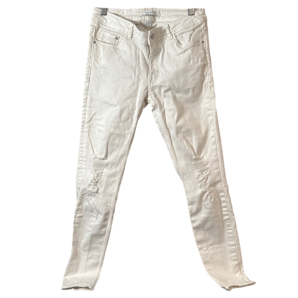 Zara Trafaluc White Distressed Skinny Jeans EU 38 US 6 High Waist Denim Pants